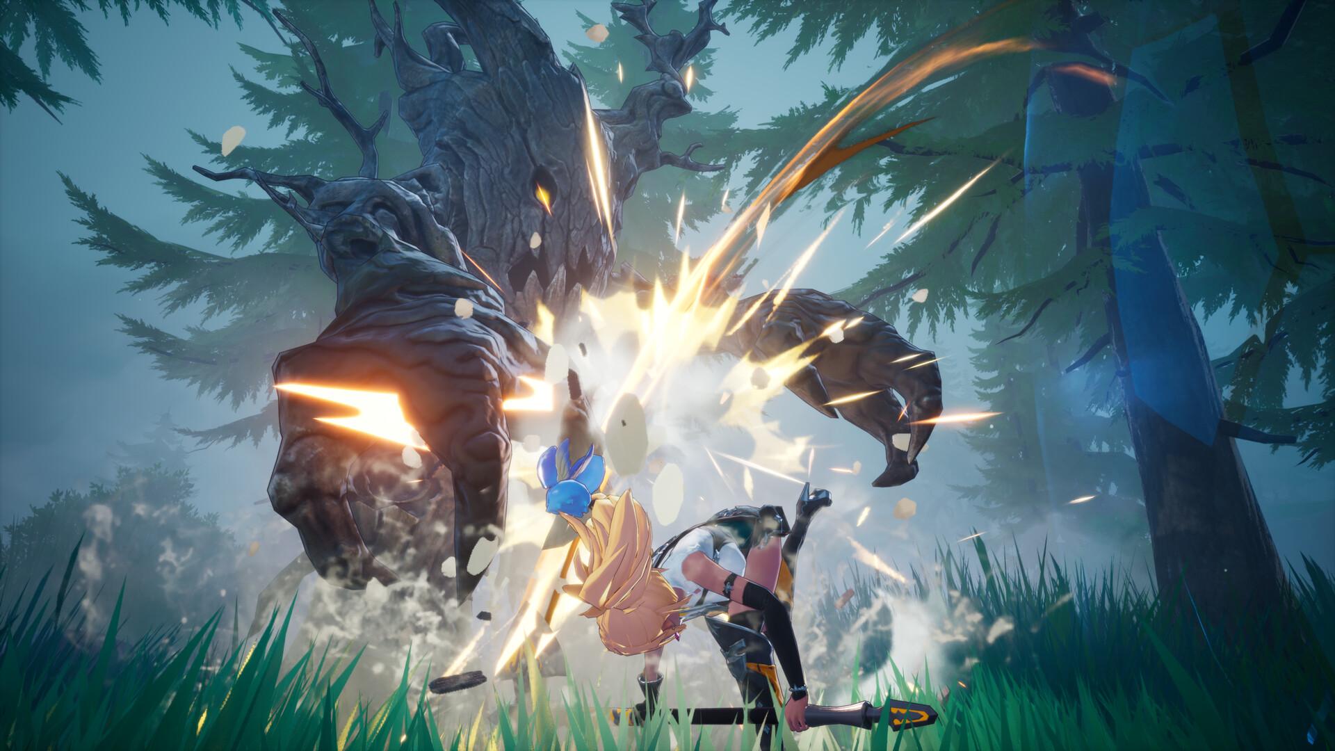 A DragonSword Awakening hero fighting a large tree-like creature in a forest